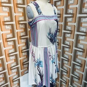 Julie Miller of California 1970s Floral White Dress w/ Striped Trim